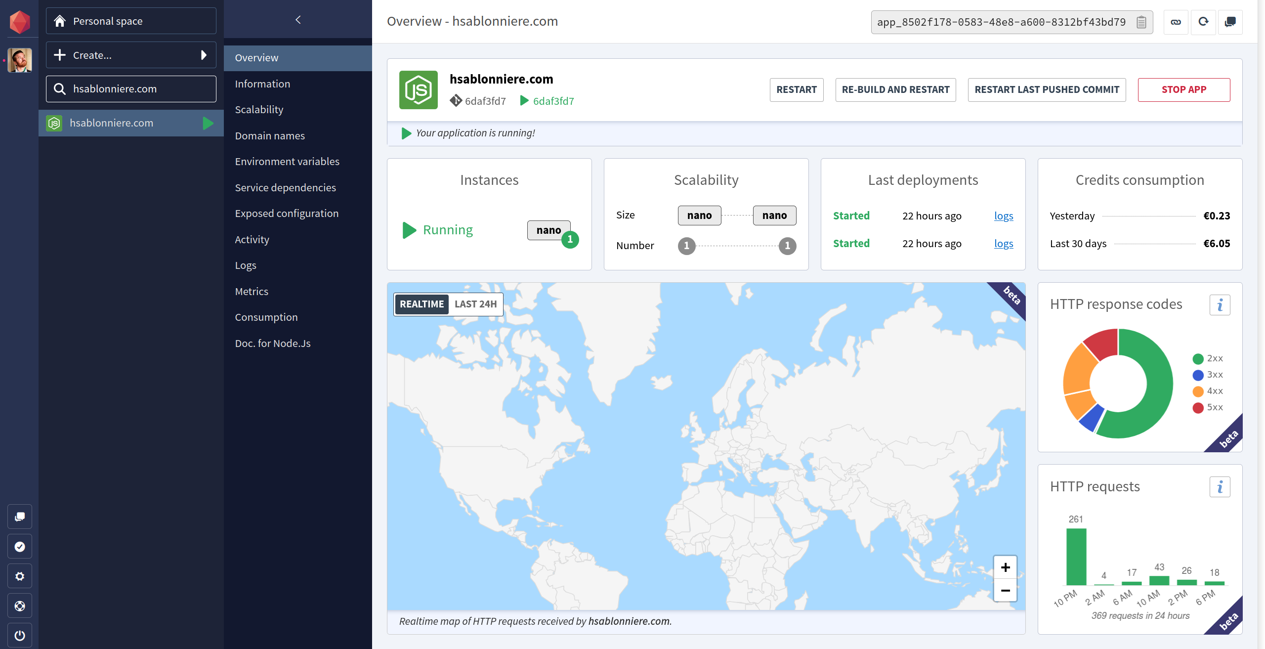 Screenshot of Clever Cloud's Web console displaying the overview of a Node.js application